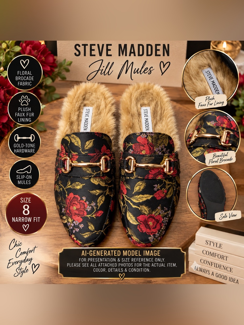Steve Madden Jill Floral Brocade Faux Fur Mules Size 8M New